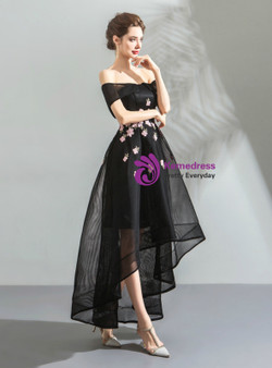 Shop 2019 Long & Short In Stock:Ship in 48 Hours Black Hi Lo Off the Shoulder Appliques Homecoming Dress With Factory Price From Kemedress