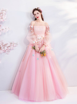 Shop 2019 Long & Short In Stock:Ship in 48 Hours Pink Tulle Puff Sleeve Appliques Quinceanera Dresses With Factory Price From Kemedress
