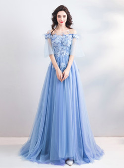 Shop 2019 Long & Short In Stock:Ship in 48 Hours Blue Tulle Off the Shoulder Appliques Prom Dress With Factory Price From Kemedress