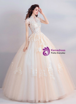 Shop 2019 Long & Short In Stock:Ship in 48 Hours Champagne Tulle High Neck Cap Sleeve Wedding Dress With Factory Price From Kemedress