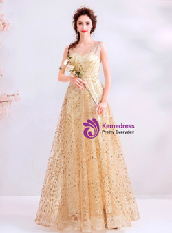 Shop 2019 Long & Short In Stock:Ship in 48 Hours Gold Tulle Sequins V-neck Prom Dress With Factory Price From Kemedress