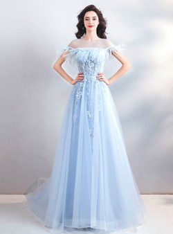 Shop 2019 Long & Short In Stock:Ship in 48 Hours Blue Tulle Appliques Cap Sleeve Prom Dress With Factory Price From Kemedress Shop 2019 Long & Short In Stock:Ship in 48 Hours Blue Tulle Appliques Cap Sleeve Prom Dress With Factory Price From Kemedress