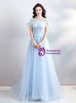 Shop 2019 Long & Short In Stock:Ship in 48 Hours Blue Tulle Appliques Cap Sleeve Prom Dress With Factory Price From Kemedress Shop 2019 Long & Short In Stock:Ship in 48 Hours Blue Tulle Appliques Cap Sleeve Prom Dress With Factory Price From Kemedress