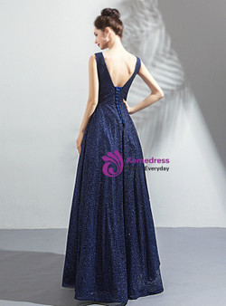 Shop 2019 Long & Short In Stock:Ship in 48 Hours Navy Blue V-neck Backless Sequins Prom Dress With Factory Price From Kemedress