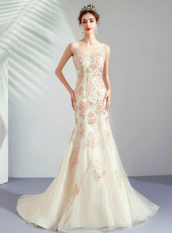 Shop 2019 Long & Short In Stock:Ship in 48 Hours Champagne Mermaid Tulle V-neck Backless Wedding Dress With Factory Price From Kemedress