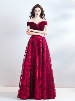 Shop 2019 Long & Short In Stock:Ship in 48 Hours A-Line Burgundy Lace Off the Shoulder Prom Dress With Factory Price From Kemedress