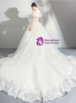 Shop 2019 Long & Short In Stock:Ship in 48 Hours White Ball Gown Tulle Off the Shoulder Wedding Dress With Factory Price From Kemedress