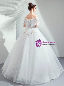 Shop 2019 Long & Short In Stock:Ship in 48 Hours White Tulle Appliques Off the Shoulder Wedding Dress With Factory Price From Kemedress