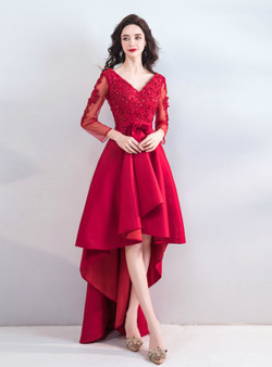 Shop 2019 Long & Short In Stock:Ship in 48 Hours Red Satin V-neck Long Sleeve Backless Prom Dress With Factory Price From Kemedress