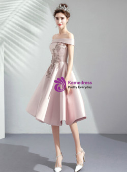 Shop 2019 Long & Short In Stock:Ship in 48 Hours Pink Satin Off the Shoulder Appliques Homecoming Dress With Factory Price From Kemedress