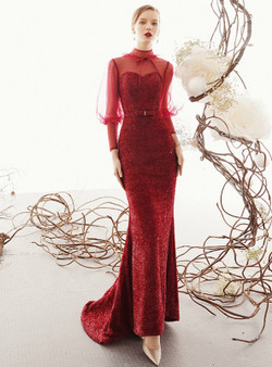 Simple Red Mermaid High Neck Backless Puff Sleeve Long Prom Dress