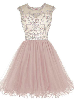 Pink Tulle Cap Sleeve Beading Sequins Short Homecoming Dress