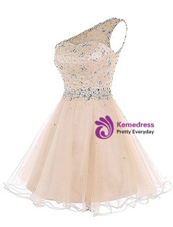 Purple Tulle One Sholuder Beading Crystal Short Homecoming Dress