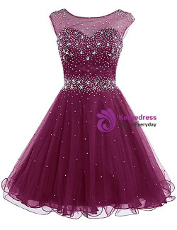 A-Line Blue Tulle Backless Beading Crystal Homecoming Dress