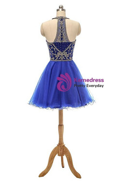 A-Line Royal Blue Tule Halter Appliques Homecoming Dress