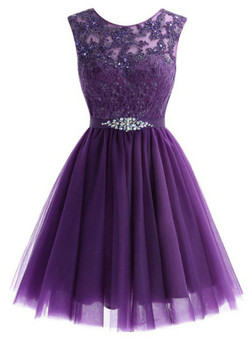 Purple Tulle Lace Apliques Beading Short Homecoming Dress