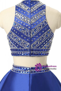 A-Line Royal Blue Two Piece Satin Beading Crystal Short Homecoming Dress