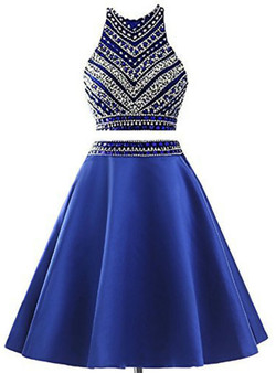 A-Line Royal Blue Two Piece Satin Beading Crystal Short Homecoming Dress