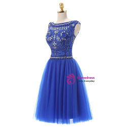 Blue Tulle Crystal Beading Backless Short Homecoming Dress