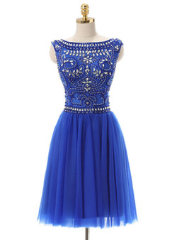 Blue Tulle Crystal Beading Backless Short Homecoming Dress