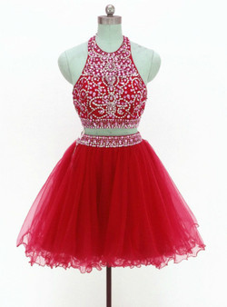 A-Line Red Two Piece Halter Tulle Backless Beading Short Homecoming Dress