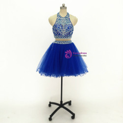 A-Line Red Two Piece Halter Tulle Backless Beading Short Homecoming Dress