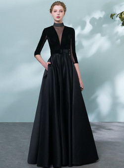 In Stock:Ship in 48 Hours Black High Neck Satin 3/4 Sleeve Prom Dress With Belt