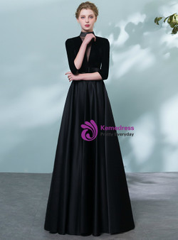 In Stock:Ship in 48 Hours Black High Neck Satin 3/4 Sleeve Prom Dress With Belt