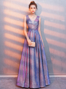 In Stock:Ship in 48 Hours A-Line Purple V-neck Pleats Long Prom Dress