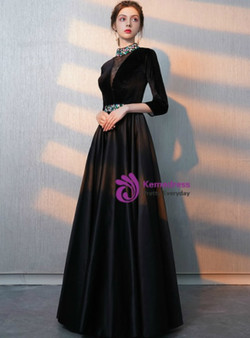 In Stock:Ship in 48 Hours High Neck 3/4 Sleeve Prom Dress With Crystal