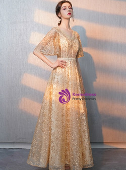 In Stock:Ship in 48 Hours Champagne Gold Lace V-neck Prom Dress