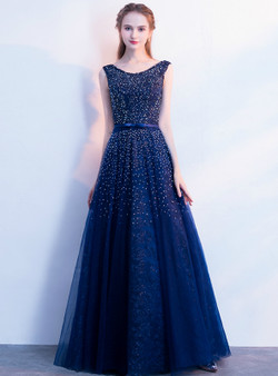In Stock:Ship in 48 Hours A-Line Blue Tulle Beadings Long Prom Dress With Bow