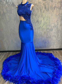 Royal Blue Sheath Mermaid Sleeveless High Neck Long Prom Dresse With Feather
