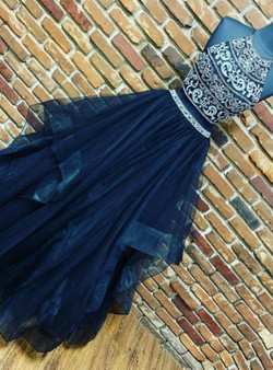 A-line Navy Blue Beaded Two Piece Tulle Halter Long Prom Dresses