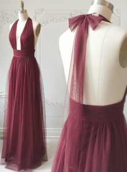 A-Line Burgundy Tulle Halter Deep V-neck Backless Long Prom Dress