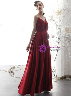 Princess Burgundy Satin Spaghetti Straps Prom Dress With Bow