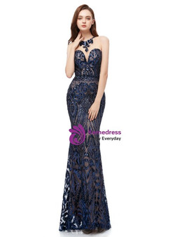 Stylish Navy Blue Mermaid Sequins Scoop Sleeveless Floor Length Prom Dress