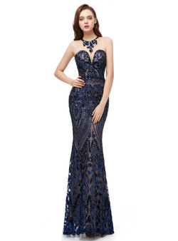 Stylish Navy Blue Mermaid Sequins Scoop Sleeveless Floor Length Prom Dress