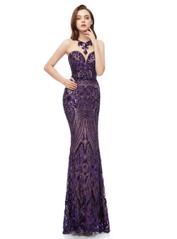 Purple Mermaid Sequins Scoop Sleeveless Floor Length Prom Dress