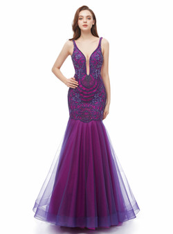 Wonderful Purple Mermaid Tulle Backless Deep V-neck Appliques Long Prom Dress