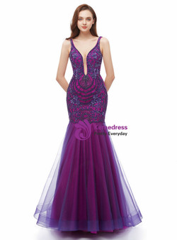 Wonderful Purple Mermaid Tulle Backless Deep V-neck Appliques Long Prom Dress