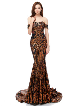 Wonderful Yellow Gold Sequins Mermaid Sequins Off the Shoulder Prom Dress