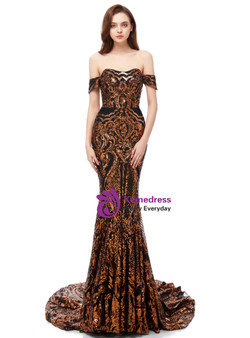 Wonderful Yellow Gold Sequins Mermaid Sequins Off the Shoulder Prom Dress