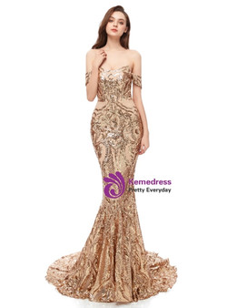 Gorgeous Gold Mermaid Sequins Off the Shoulder Long Prom Dress Gorgeous Gold Mermaid Sequins Off the Shoulder Long Prom Dress