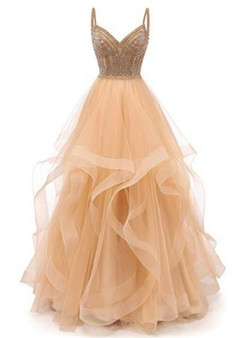 A-Line Champagne Tulle Spaghetti Straps Tulle Long Prom Dress With Beading 