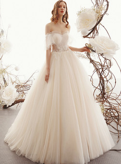 Champagne Ball Gown Tulle Off the Shoulder Beading Wedding Dress
