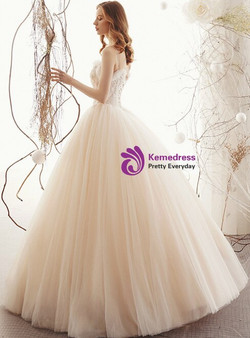 Champagne Ball Gown Tulle Spaghetti Straps Appliques Beading Wedding Dress