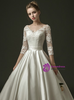White Ball Gown Satin V-neck 3/4 Sleeve Appliques Wedding Dress With Train