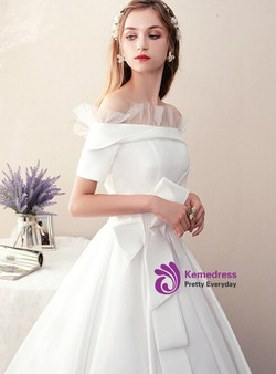 Fashion White Ball Gown Satin Off the Shoulder Short Sleeve Wedding Dress