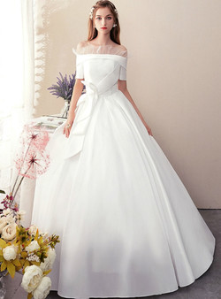 Fashion White Ball Gown Satin Off the Shoulder Short Sleeve Wedding Dress